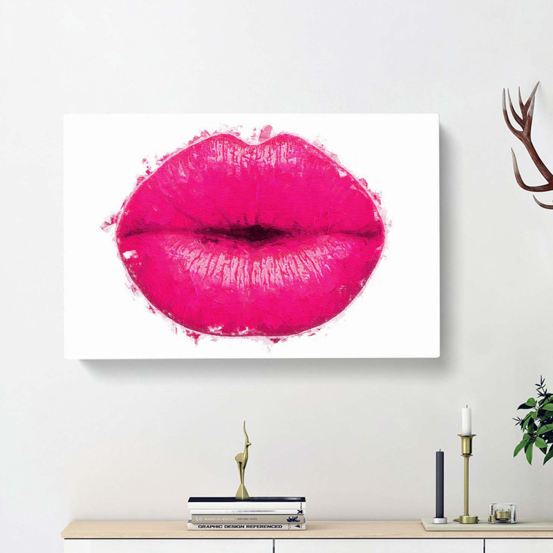 Hot Pink Lips In Abstract - Wrapped Canvas, 35cm H x 50cm W x 3cm D