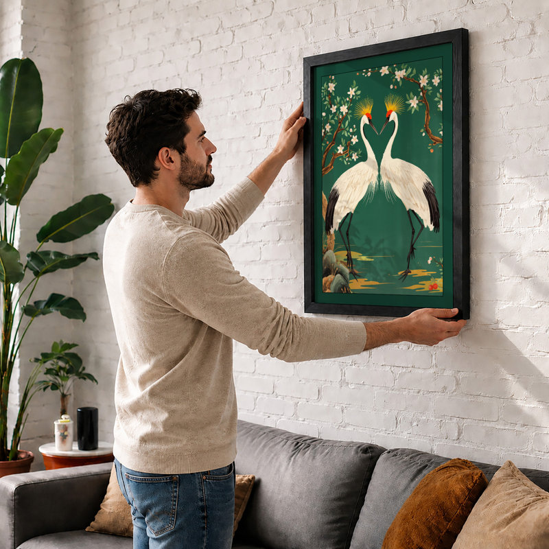 Cranes in Bloom Japandi - Framed Print, A2 - 59.4 x 42.0 cm, Walnut