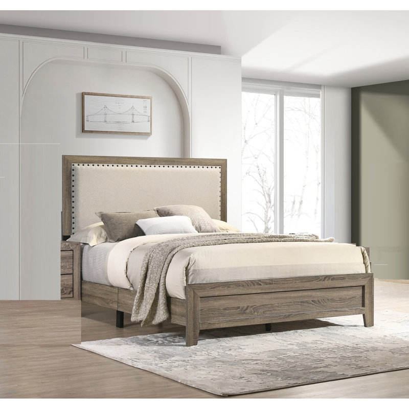 Grand lit contemporain tapissier gris avec structure en bois et tête de lit, Grand lit, Gris
