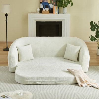 87-Inch Curved Convertible Sofa Recliner, 2-In-1 Fold-Out Sofa Bed, With Pull-Out Base And Deep Seat Design, Includes Two Pillows, Chenille Two-Seater Recliner, No Assembly Required, Beige