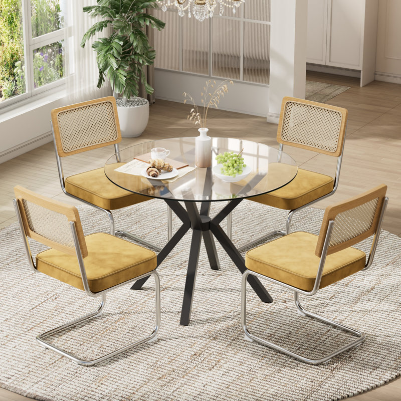 Ensemble de salle à manger 36 po moderne en verre trempé avec chaises en rotin de velours, 5 Pieces: Table, 4 Chairs, Black