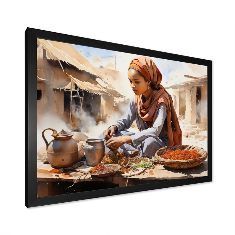 Femme africaine au marché II - art mural femme, Cadre photo noir simple, H 30 po x l 40 po x P 1,5 po