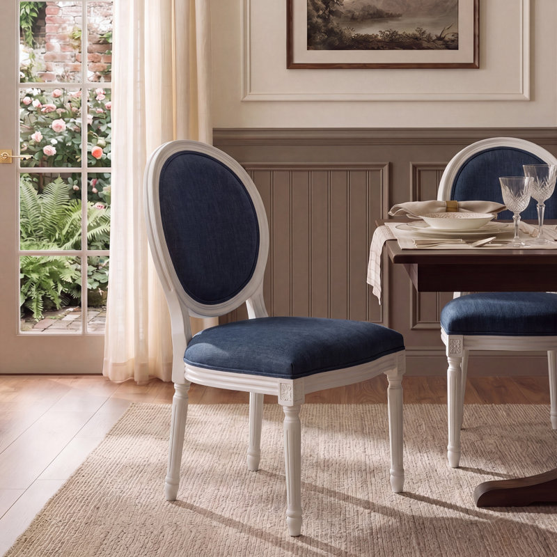 Denholme 19.8'' H Linen Upholstered Side Chair, Cream, Navy