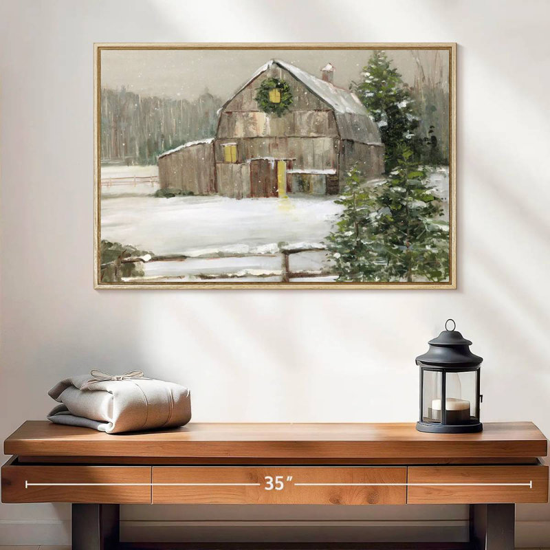 Grange enneigée, 25 po x 17 po, Cadre flottant en bois naturel