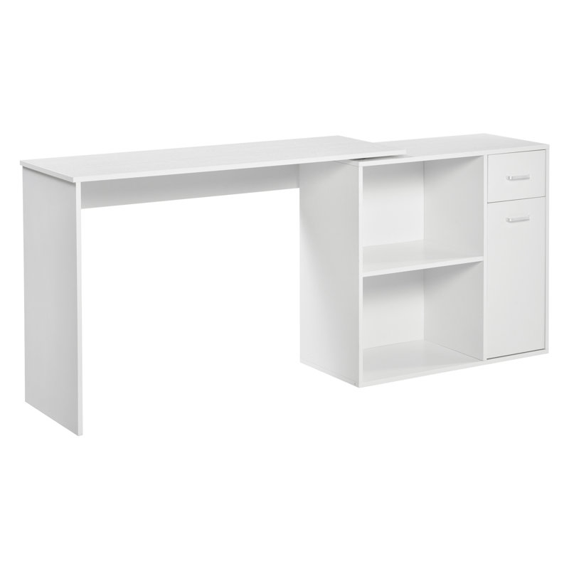 180? Rotating White L-Shaped Computer Desk with Storage, Drawer & Cabinet