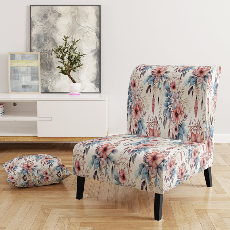 Pink And Blue Dreamcatchers Boho Pattern - Upholstered Farmhouse Slipper Chair, Rustic Floral Accent Chair