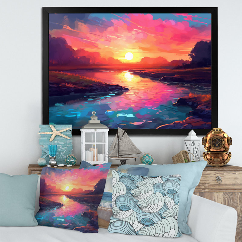«Sunset's Embrace At The Beach I», reproduction sur toile, Cadre photo noir, H 16 po x l 32 po x P 1 po