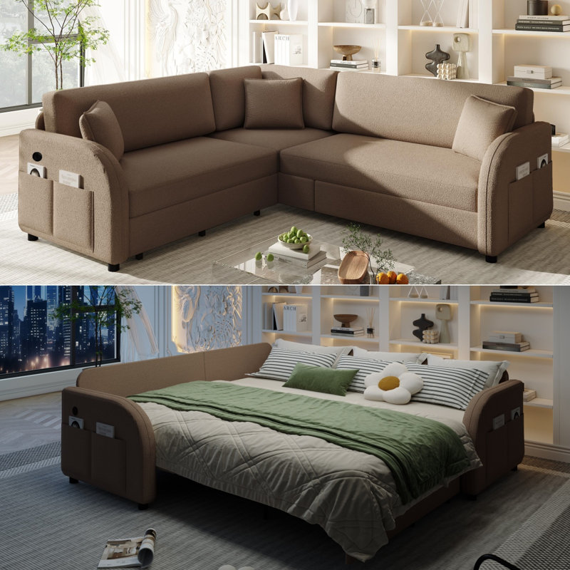 Canapé-lit d'angle Sherpa avec ports USB et poches latérales, 5 sièges, Sherpa brun