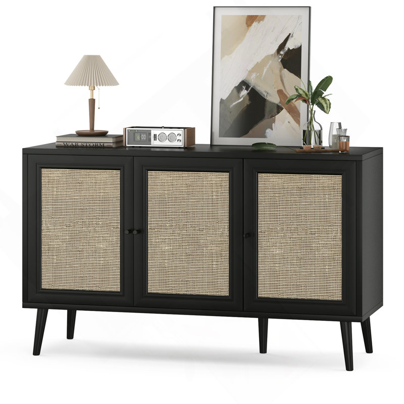 Sideboard Buffet Cabinet With 3 Rattan Doors,Modern Kitchen Storage Console Cabinet For Entryway Living Room, Black