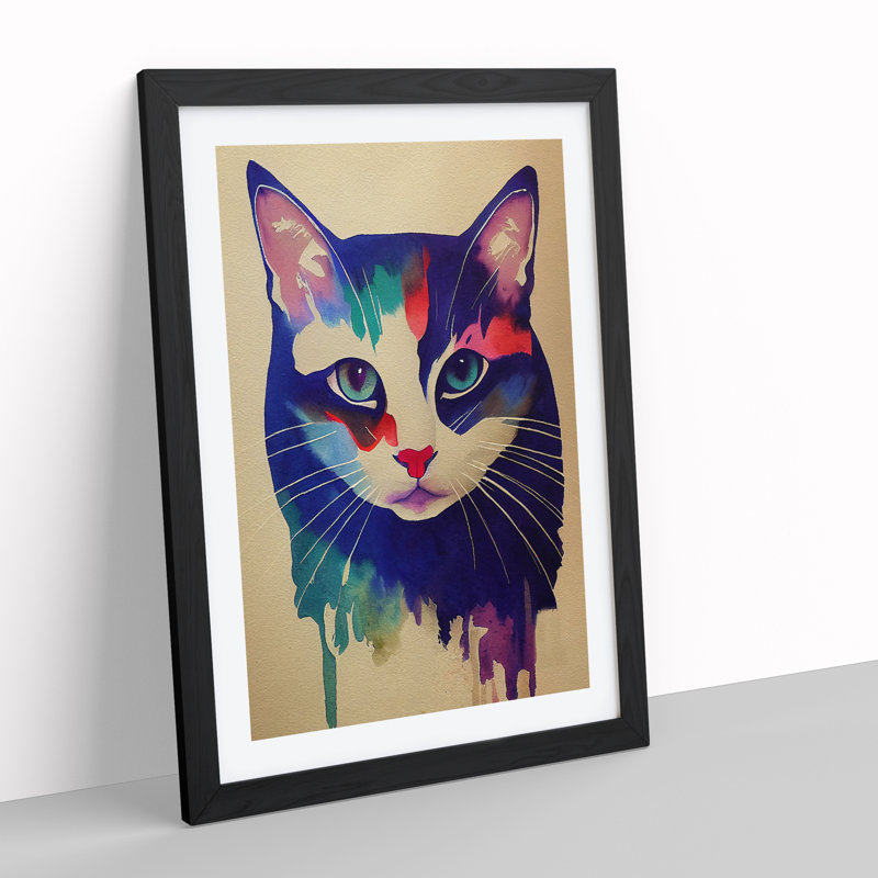 Cat In Watercolour No.2 - Single Picture Frame Print, Black, 64cm H x 46cm W x 2cm D