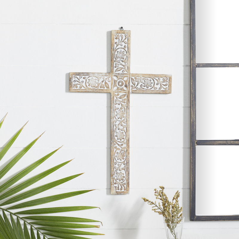 Décoration murale en bois de manguier sculpté croix biblique brun