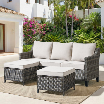 3 Pieces Outdoor Sofa Seating Group, 3-Seater Wicker Sofa With Cushions, All-Weather PE Rattan Wicker Conversation Couch Set For Deck, Poolside, Backyard, Beige, Blue