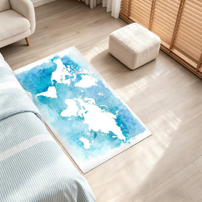 Tapis bleu lavable à la machine, carte blanche et aquarelle rétro