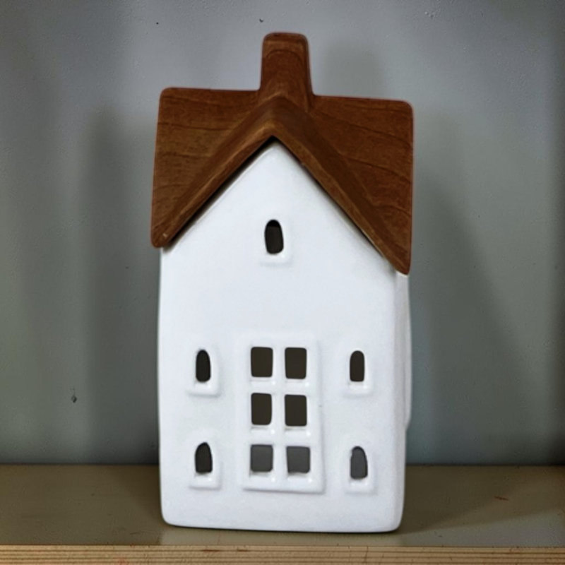 White/Wood Grain Effect Ceramic House Tealight Holder