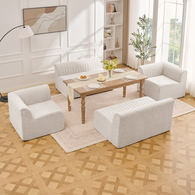6 Pieces Upholstered Sectional Modern Compression Chenille Modular Sofa Set With Corner Armless Sofa, Beige Chenille
