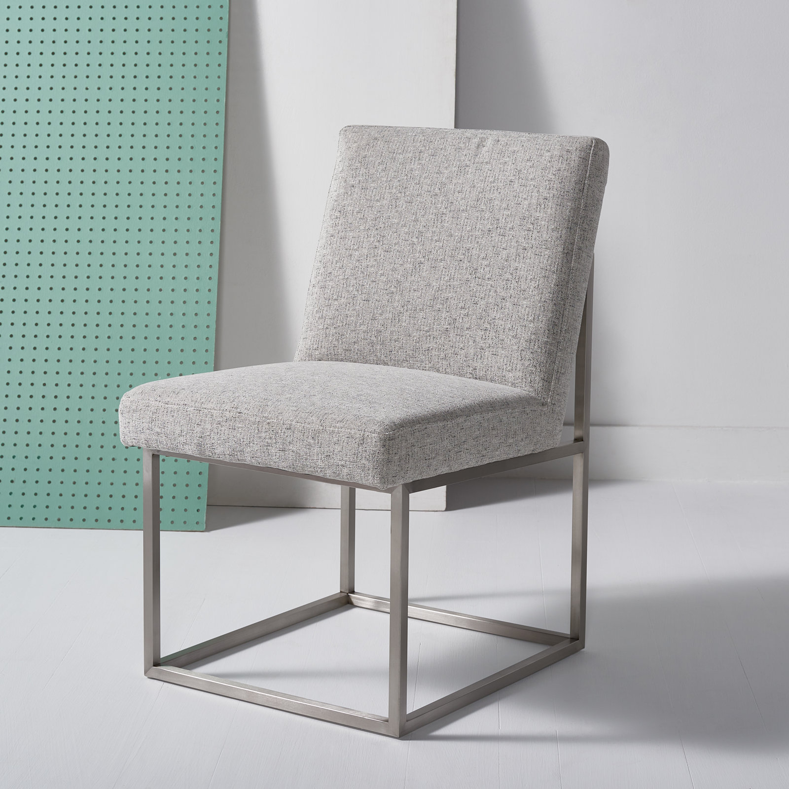 Athens Upholstered Stainless Steel Side Chair, Silver, Grey Chenille