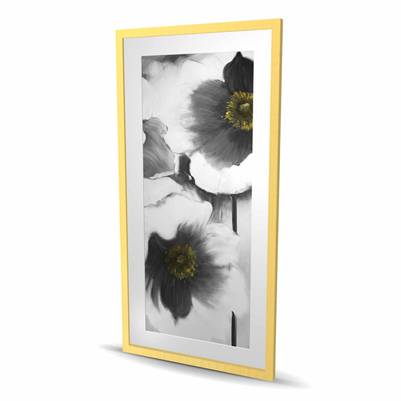 Fleurs noires et blanches - impression florale encadrée romantique, H 48 po x l 24 po, Doré