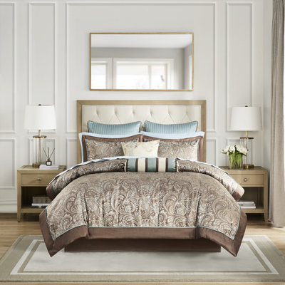 Literie 12 pièces pour lit double, bleu / brun, avec draps en coton doux et édredon, lit élégant à motif cachemire, draps en édredon, ambiance moderne