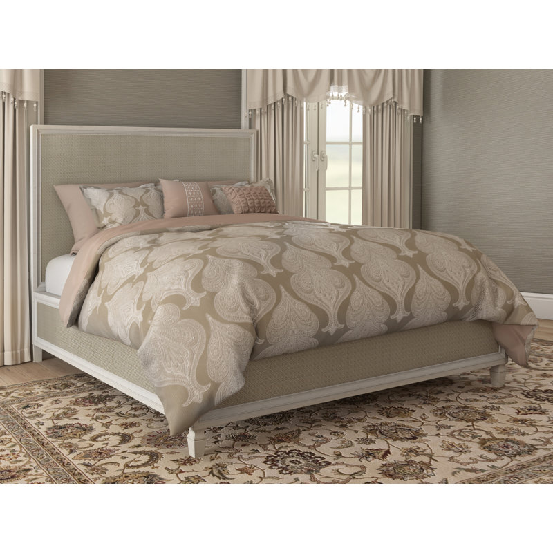 Summer Hill Upholstered Platform Bed, King, Off White/Natural Rattan