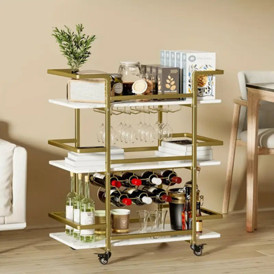 3-Tier Golden Bar Cart, Home Bar Serving Cart, Mobile Bar Cart With Wine Bottle Racks & Glass Holder, Coffee Cart, Mini Bar Cart, Bar Carts For The Home With Wheels