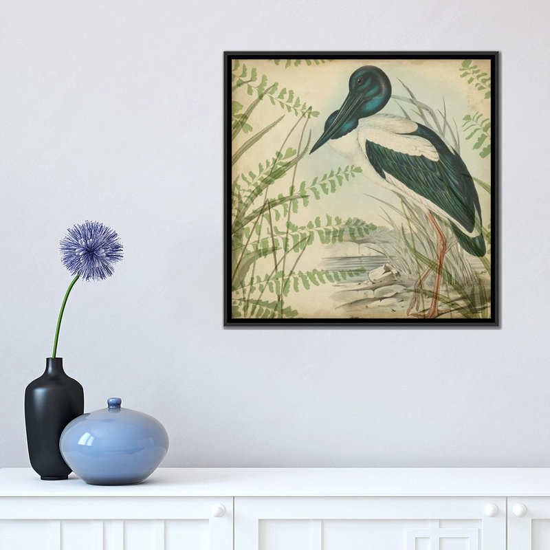 « héron & ferns i », reproduction sur toile, H 18 po x l 18 po x P 1,5 po, Toile avec cadre noir, Pas de tapis