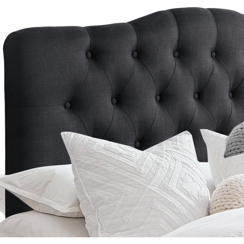 Linen Upholstered Headboard-Modern-Adjustable Height-Button Tufting, Full, Black