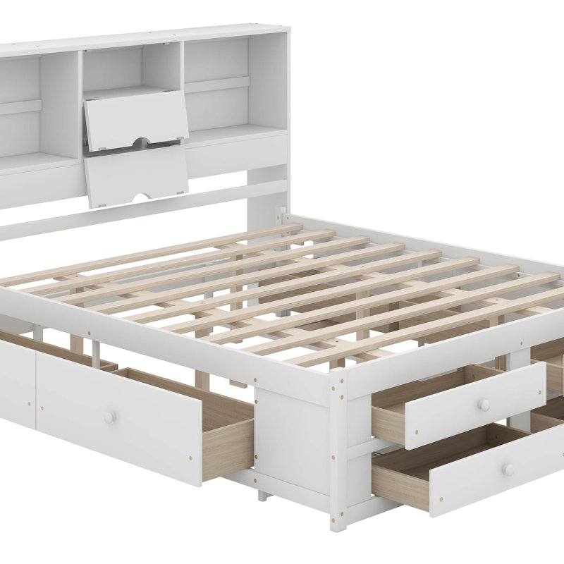 Lit plateforme très grand avec 8 tiroirs en bois, Blanc