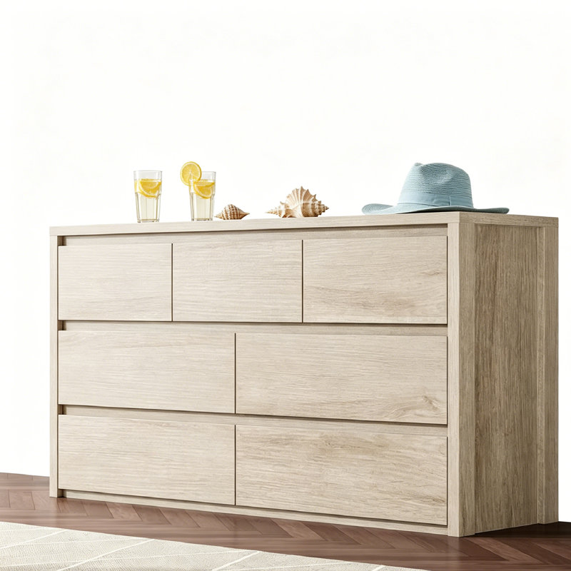 7 Drawer Dressers for Bedroom, Wide Modern Chest of Drawers, Large Wood Dresser Wooden Storage Organizer Sturdy Construction & Handle-free Design for Living Room, Hallway Entryway.
