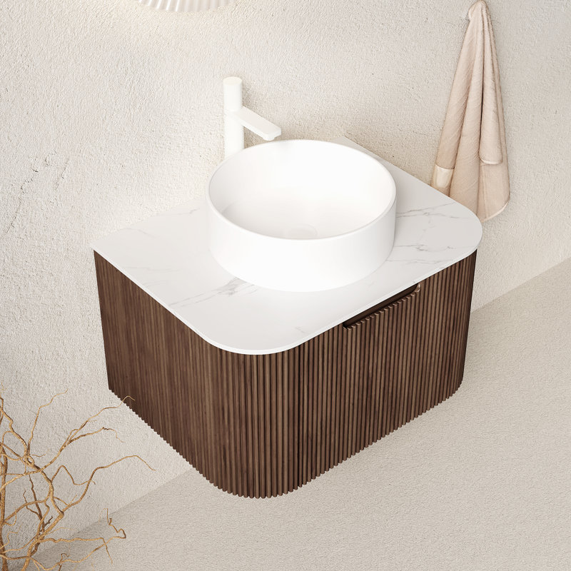 Dina 24" Striped Solid Wood Bathroom Vanity With Sink, Modern Wall-mounted Floating Curved Edges Striped Bathroom Storage Cabinet With A Drawer, White Round Ceramic Basin Without Faucet, Pre-assembled
