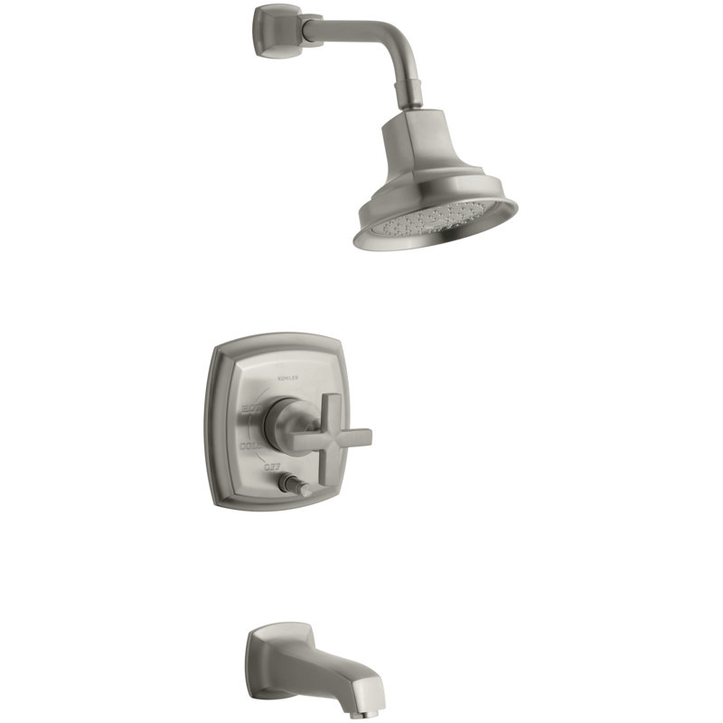 Margaux Rite-Temp Pressure-Balancing Bath and Shower Faucet Trim with Push-Button Diverter, Valve Not Included, Cross Handle