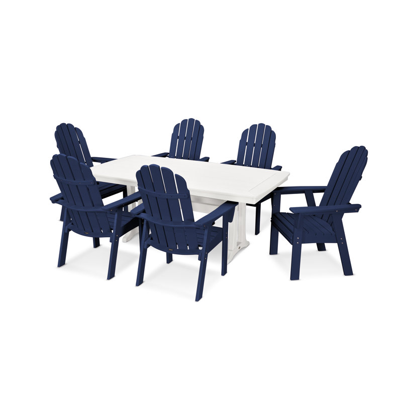 Ensemble repas 7 pièces POLYWOOD Vineyard Curveback Adirondack avec pieds en tréteaux, Blanc, Marine