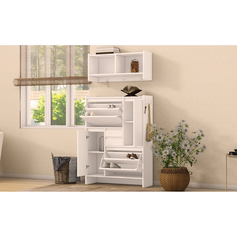 Multi-Functional Tipping Bucket Shoe Cabinet with Wall Cabinet, Space-saving Design Foyer Cabinet with 2 Flip Drawers, White