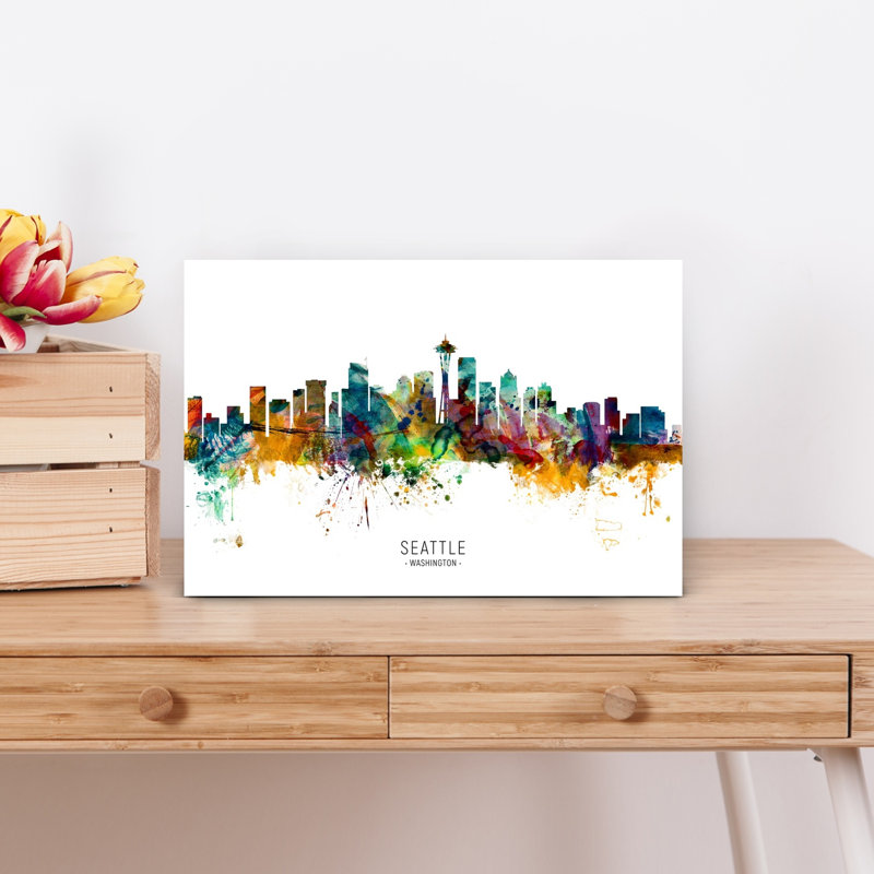 «Vibrant Seattle Skyline», art contemporain urbain, H 12 po x l 18 po