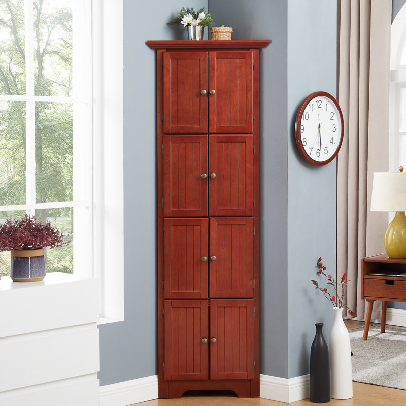 72" Tall Corner Display Unit With 8 Doors And Elegant Design Home Decorative Cabinet Cherry Finish