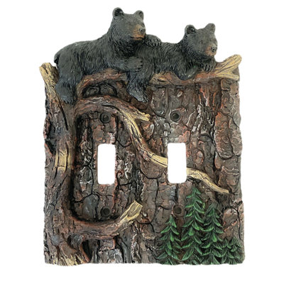 Resin Rustic Double Toggle Switch Cover Bear Climbing on Tree Branch Design