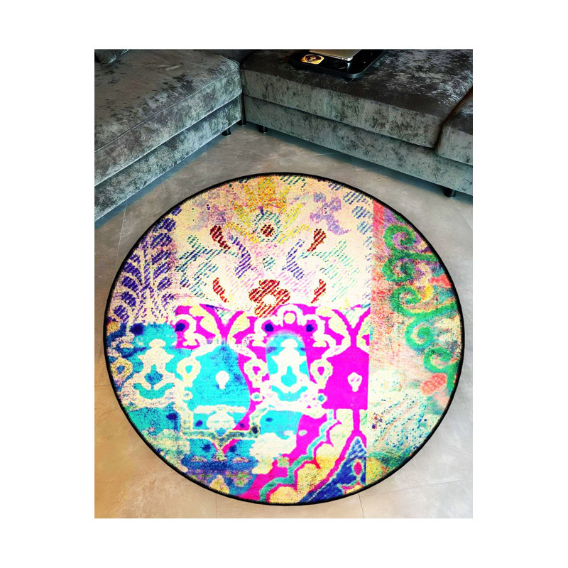 Tapis rond rond multicolore à motif tissé et lavable à la machine, Sous-tapis rond 3 pi 3 po inclus