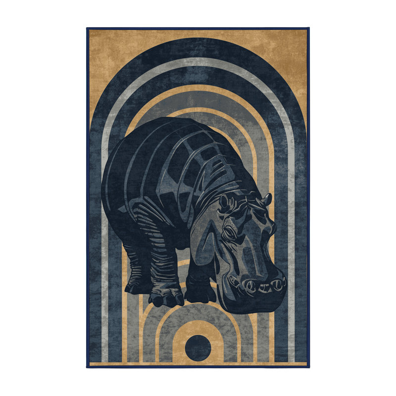Tapis art déco lavable à la machine Ozain Hippopotamus en gris - reliure marine, 8 x 10