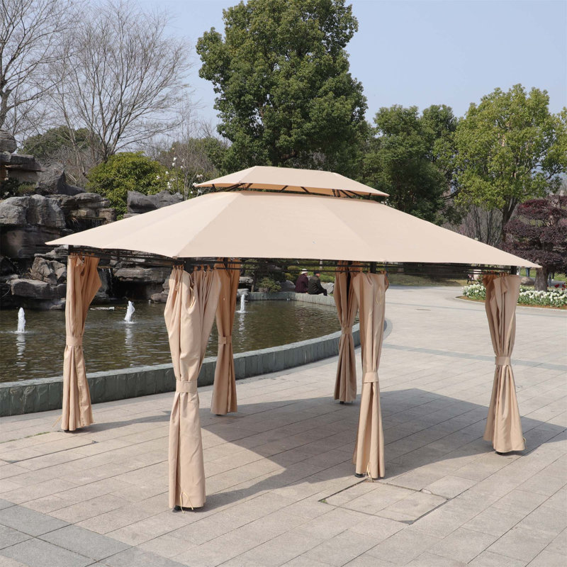 13X10 Outdoor Patio Gazebo Canopy Tent With Ventilated Double Roof And Mosquito Net(Detachable Mesh Screen On All Sides),Suitable For Lawn, Garden, Backyard And Deck,KHAKI Top