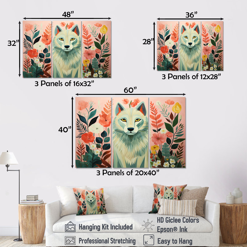 Portrait de loup bohémien rose et vert V - loup, art mural, Toile tendue, H 32 po x l 48 po