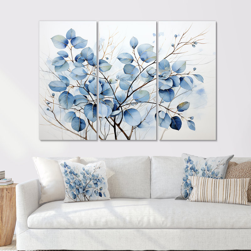 «Blue On», Leaves on Branch III - feuilles, ensemble d'art sur toile, H 28 po x l 36 po x P 1 po, Toile tendue