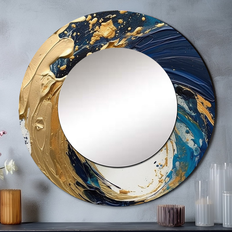 Dark Blue And Gold Strokes VI - Abstract Large Round Mirror, 29" x 29"