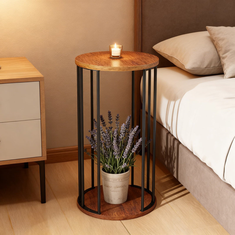 Support pour plante moderne Mid-Century avec plateau rond en bois, support pour plante d'intérieur en métal robuste et table de présentation pour le salon et la chambre à coucher