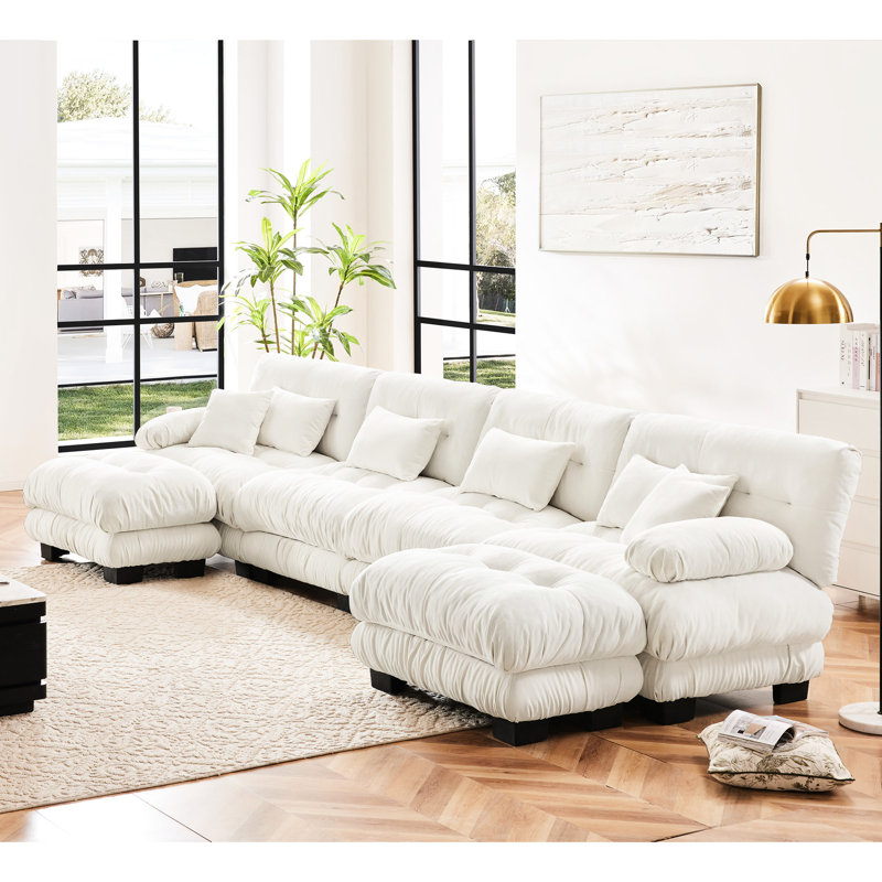Salon en forme de U - 4 en chenille blanc doux avec 2 repose-pieds pour diverses exigences, 4