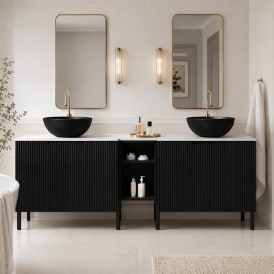 72" Freestanding Double Vanity with Black Stone Pattern Sinks, Black, Carrara White Top, 2 Cabinets, Open Shelf, Faucet Not Included