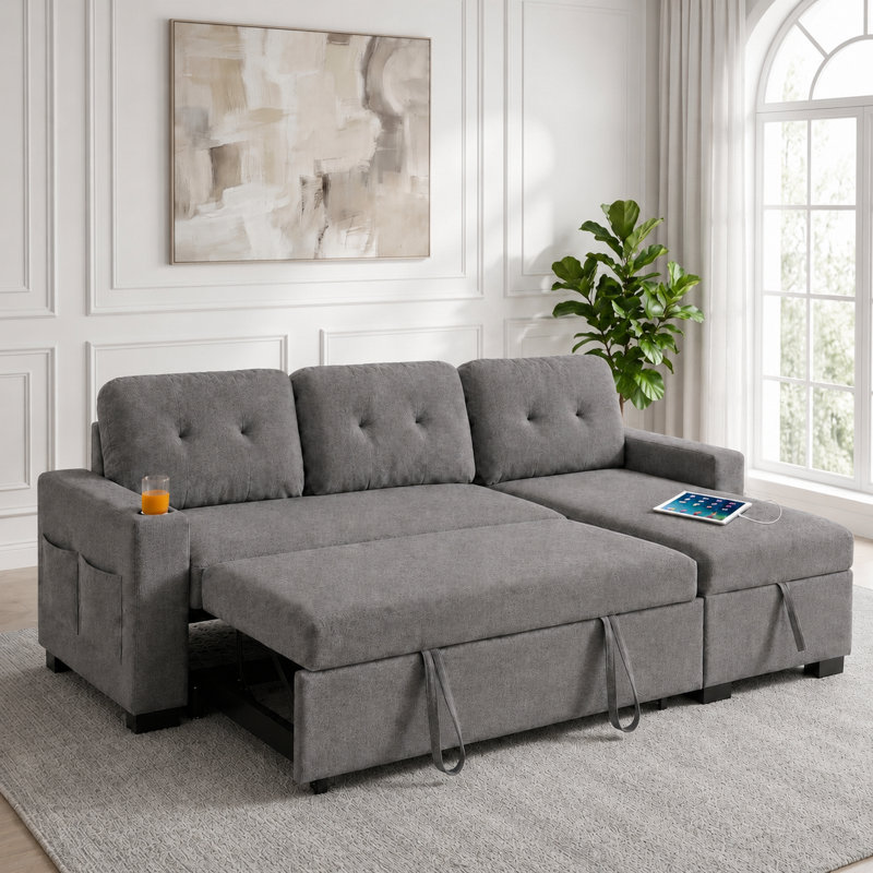 82" Sleeper Sectional Sofa with Pull-Out Bed, Convertible L-Shaped Couch with Reversible Storage Chaise, USB Ports, Cup Holders & Side Table for Living Room, Small Space, Apartment