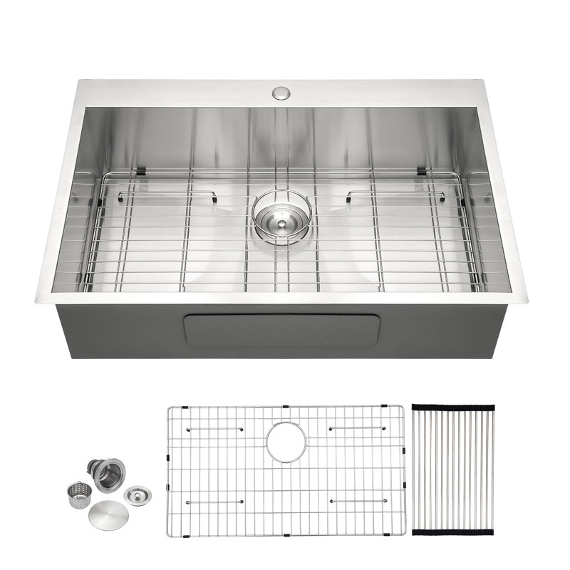 33 In. Drop-in Single Bowl Stainless Steel Sink Topmount Workstation Kitchen Sink 18-gauge With Bottom Grid﻿