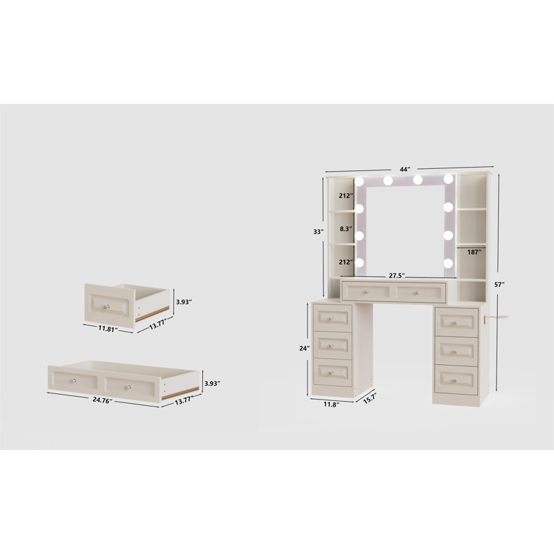 Bureau de coiffeuse avec miroir et lumières, coiffeuse avec plateau en verre et tiroirs et tabouret rembourré, coiffeuse avec tiroirs, table de maquillage pour femme (plateau en verre blanc)