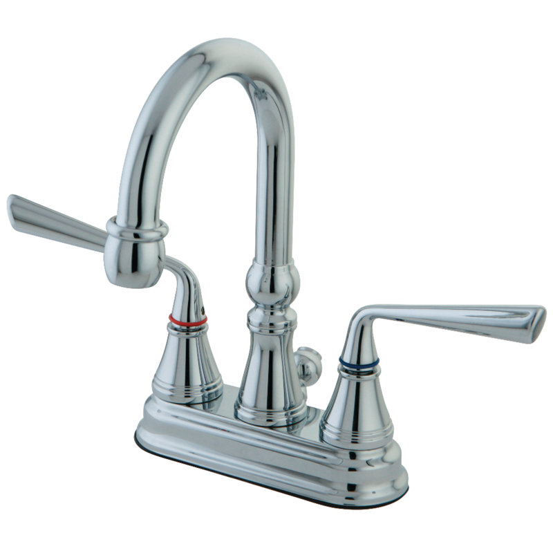 Kingston Brass Silver Sage Two-Handle 3-Hole Deck Mount 4" Centerset Bathroom Faucet with Brass Pop-Up