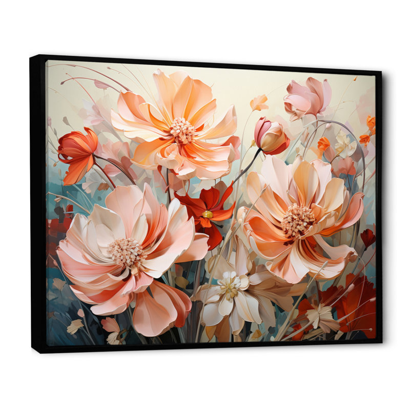 Coral Petal Symphony I - Abstract Botanicals, art mural, Cadre flottant noir, H 30 po x l 40 po x P 1,5 po