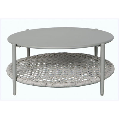 Modern Round 2-Tier Outdoor Coffee Table — Metal Top & PE Rattan Storage Shelf